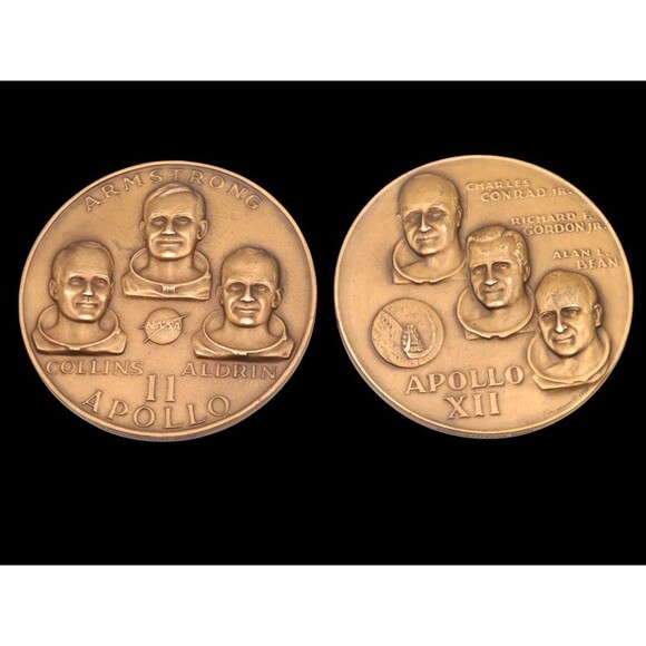 Apollo II & Apollo XII NASA Moon Missions Medallic Art Co. 2 1/2" Bronze Medals - Picture 1 of 7